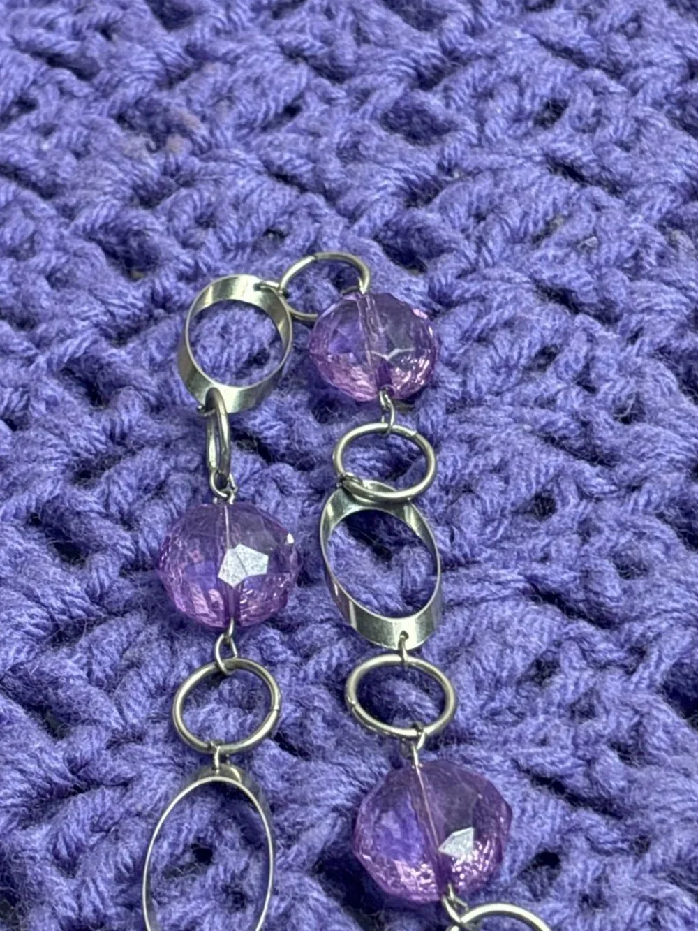Geometric Silvertone Chain Necklace Purple Plastic Beads No Clasp 33 inches Long